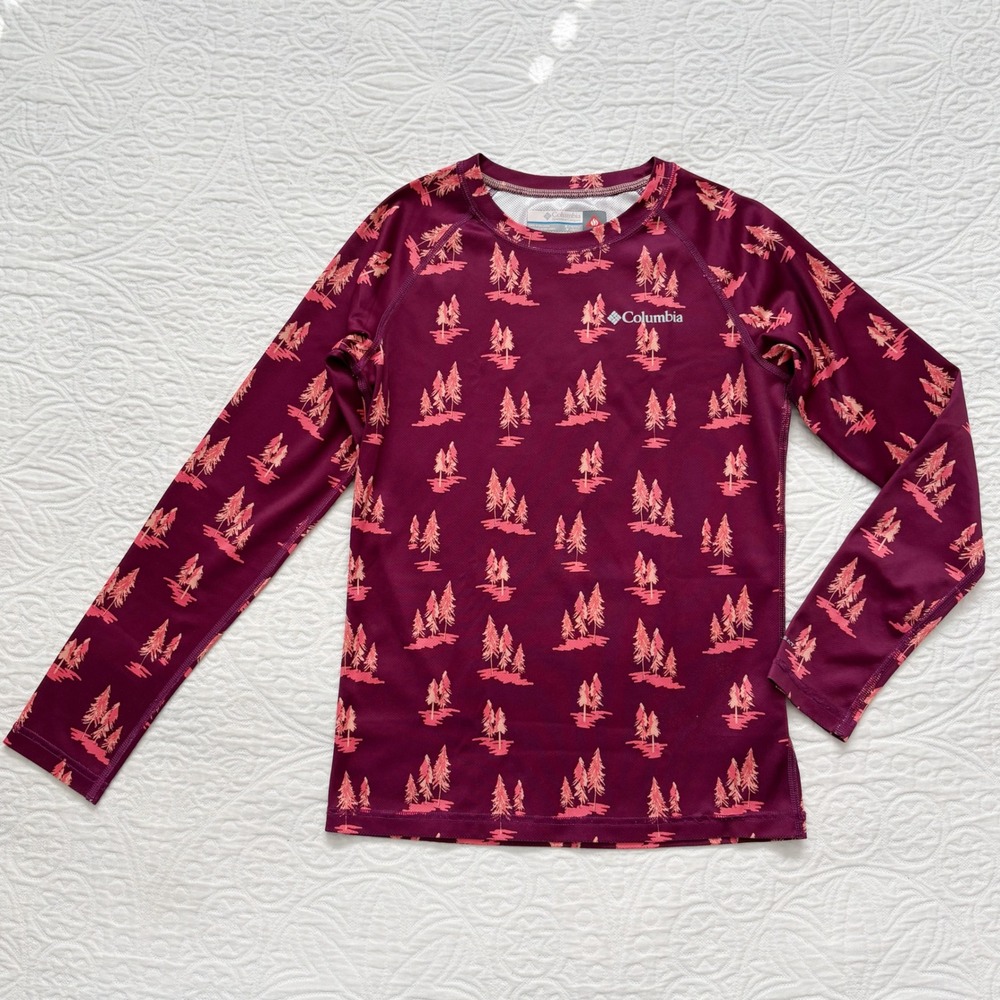 Columbia Girls' Midweight Thermal Baselayer Top, Maroon Tree Print Sz M 10-12